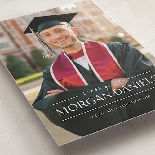 This is a eggshell graduation announcements with standard by Carolyn MacLaren called grad in overlay printing on recycled smooth signature in standard