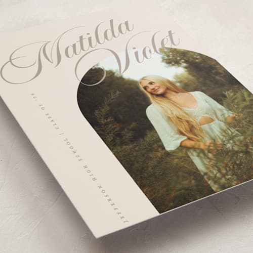 This is a almond graduation announcements with standard by Morgan Kendall called modern curves printing on recycled smooth signature in standard