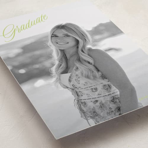 This is a lime graduation announcements with standard by JoAnn Jinks called neon vintage printing on recycled smooth signature in standard