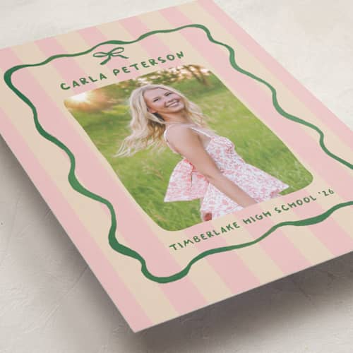 This is a raspberry matcha graduation announcements with standard by Vera Lim called whimsical stripes printing on recycled smooth signature in standard
