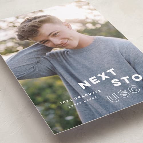 This is a pearl graduation announcements with standard by Sara Hicks Malone called next stop printing on recycled smooth signature in standard