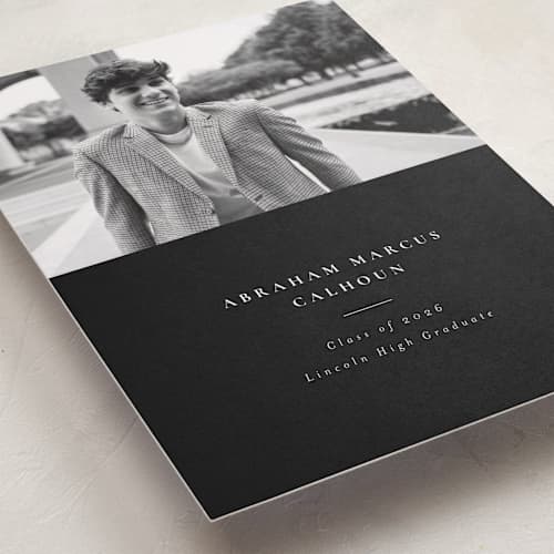 This is a noir graduation announcements with standard by Meggy Masters called distinguished printing on recycled smooth signature in standard