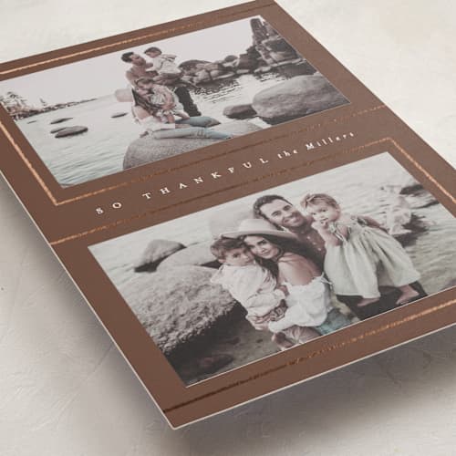 This is a chocolate thanksgiving cards invitations with foil pressed by AK Graphics called thankful frames printing on recycled smooth signature in standard