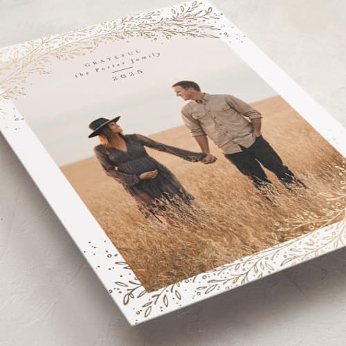 This is a pearl thanksgiving cards invitations with foil pressed by Anastasia Makarova called autumn branches printing on recycled smooth signature in standard