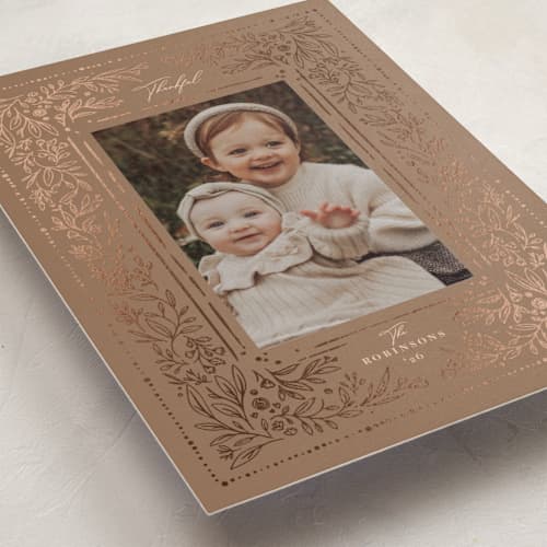 This is a mocha thanksgiving cards invitations with foil pressed by Hannah Williams called vintage dot botanical printing on recycled smooth signature in standard
