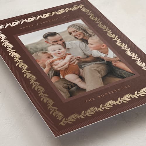 This is a pecan thanksgiving cards invitations with foil pressed by Jenna Holcomb called gilded autumn greenery printing on recycled smooth signature in standard