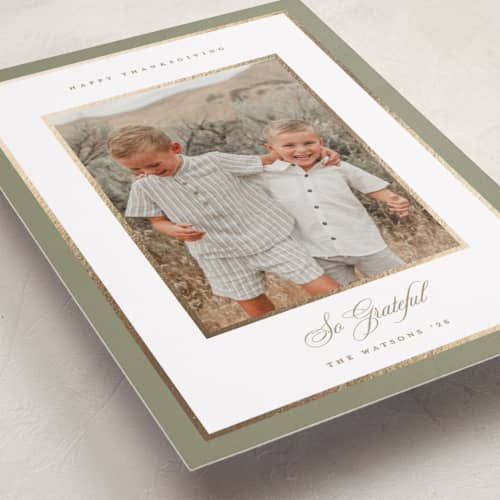 This is a eucalyptus thanksgiving cards invitations with foil pressed by Christy Hy Lee called clean frame printing on recycled smooth signature in standard
