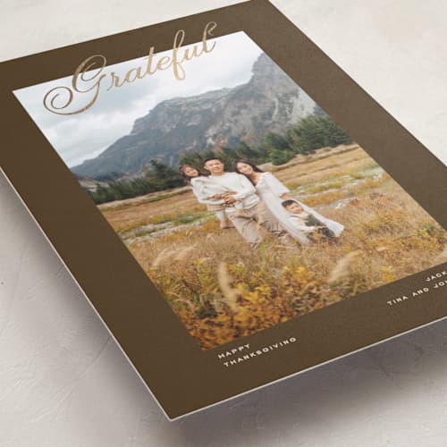 This is a toffee thanksgiving cards invitations with foil pressed by Creo Study called contemporary gratitude printing on recycled smooth signature in standard