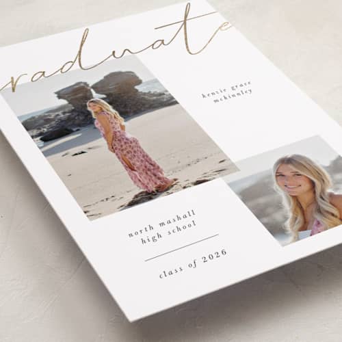 This is a chalkboard graduation announcements with foil pressed by Kelly Watkins called simple + script printing on recycled smooth signature in standard