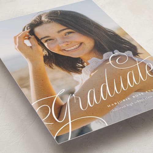 This is a cotton graduation announcements with standard by Carmia Jordaan called swooping printing on recycled smooth signature in standard