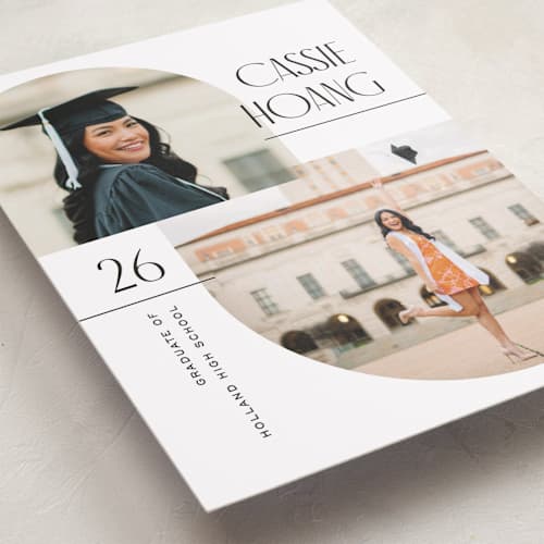 This is a snow graduation announcements with standard by Pixel and Hank called geo duo printing on recycled smooth signature in standard