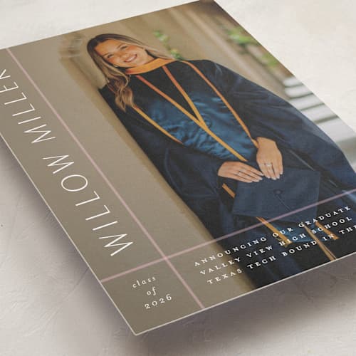 This is a blush graduation announcements with standard by Lauren Chism called grids printing on recycled smooth signature in standard