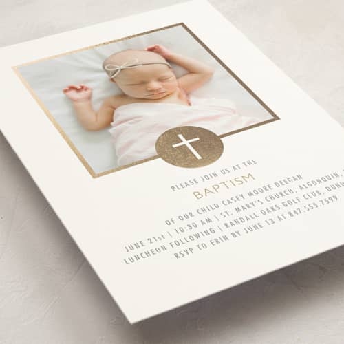This is a champagne baptism and christening announcements with foil pressed by Erin Deegan called golden cross printing on signature in standard