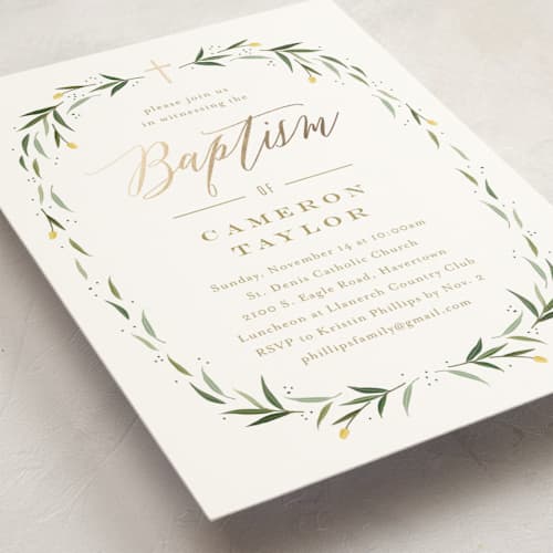 This is a canary baptism and christening announcements with foil pressed by Carolyn MacLaren called eucalyptus wreath printing on signature in standard