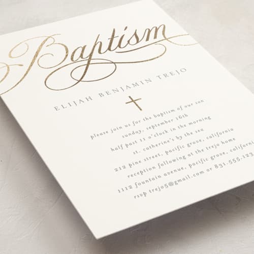 This is a silk baptism and christening announcements with foil pressed by Erin Deegan called formally contemporary printing on signature in standard