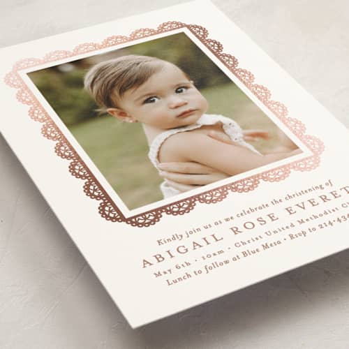 This is a purity baptism and christening announcements with foil pressed by Susan Asbill called gilded lace printing on signature in standard