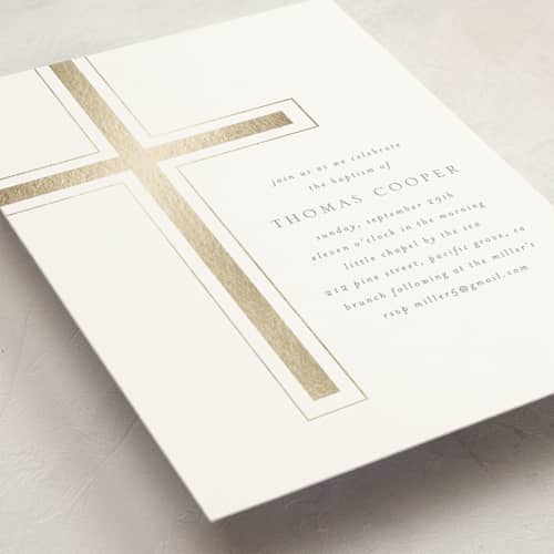 This is a puddle baptism and christening announcements with foil pressed by Erin Deegan called a simple cross printing on signature in standard