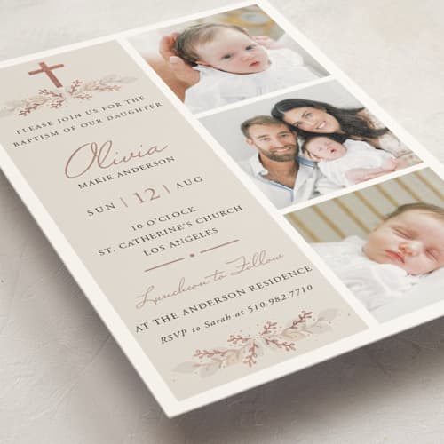 This is a cream baptism and christening announcements with foil pressed by Oma N. Ramkhelawan called stacked blessing printing on signature in standard