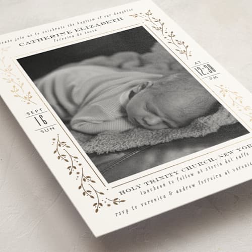 This is a snow baptism and christening announcements with foil pressed by Ana de Sousa called little angel printing on signature in standard