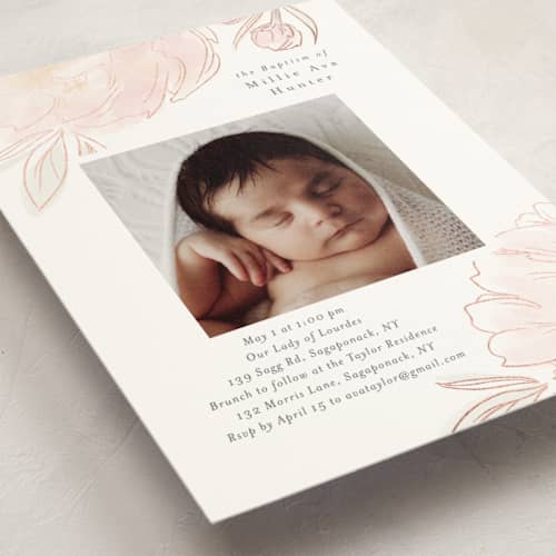 This is a peony baptism and christening announcements with foil pressed by Nicoletta Savod called sweet peony printing on signature in standard