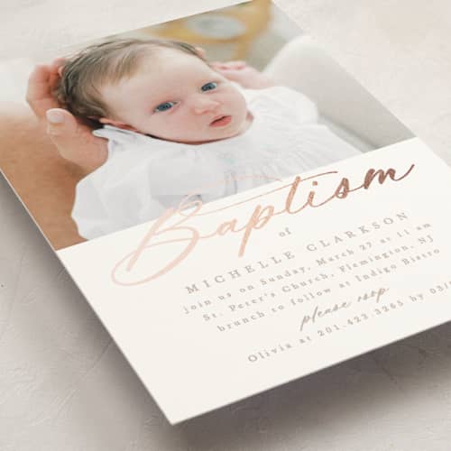 This is a toffee baptism and christening announcements with foil pressed by Creo Study called luxe script printing on signature in standard