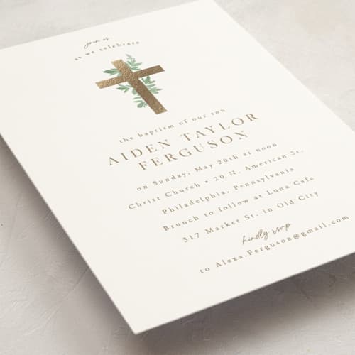 This is a mint baptism and christening announcements with foil pressed by Everett Paper Goods called botanically printing on signature in standard