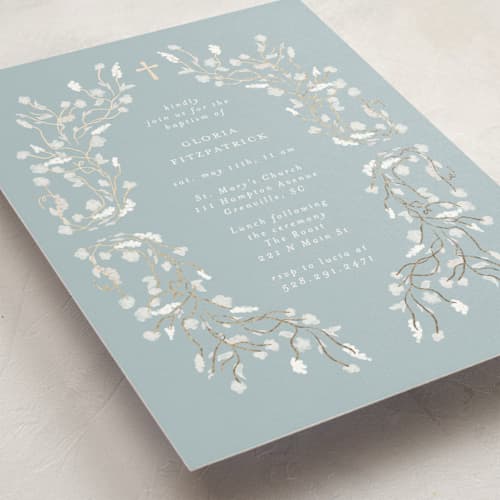This is a pool baptism and christening announcements with foil pressed by Jelena Vuletic called ornamenta printing on signature in standard