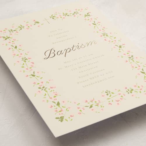 This is a peony baptism and christening announcements with foil pressed by Baumbirdy called floral garden printing on signature in standard