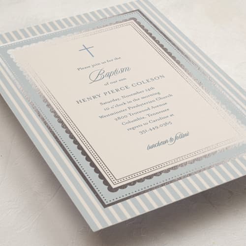 This is a chambray baptism and christening announcements with foil pressed by Jessica Williams called fairmont printing on signature in standard