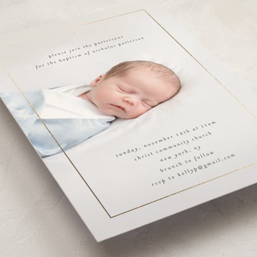 This is a stone baptism and christening announcements with foil pressed by Stacy Maalouf called precious printing on signature in standard