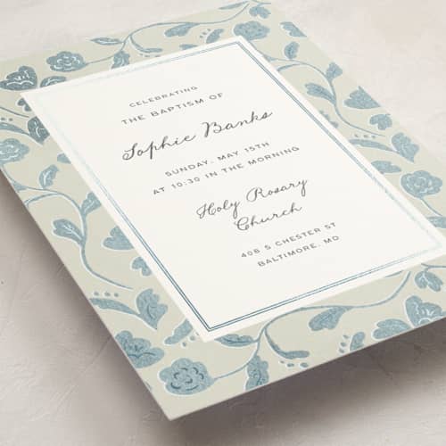 This is a bluebell baptism and christening announcements with foil pressed by Ani Somi called florentine printing on signature in standard