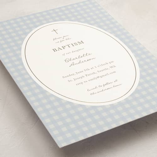 This is a powder baptism and christening announcements with foil pressed by Stephanie Heinrich Godbout called gentle beginnings printing on signature in standard