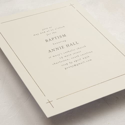 This is a vanilla baptism and christening announcements with foil pressed by Baumbirdy called delicate cross. frame printing on signature in standard