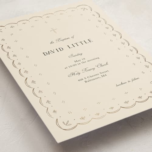 This is a vintage ivory baptism and christening announcements with foil pressed by Ani Somi called heirloom eyelet printing on signature in standard