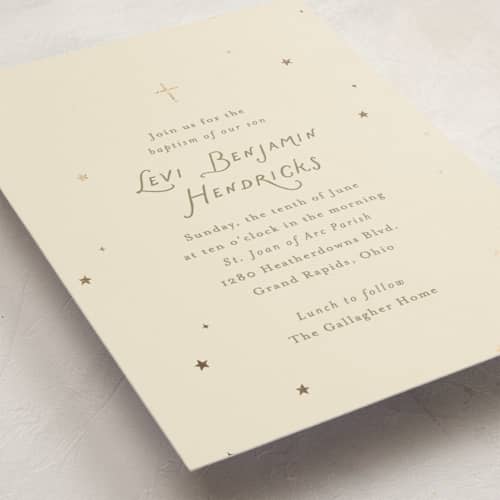 This is a cream baptism and christening announcements with foil pressed by Ellen Schlegelmilch called celestine printing on signature in standard