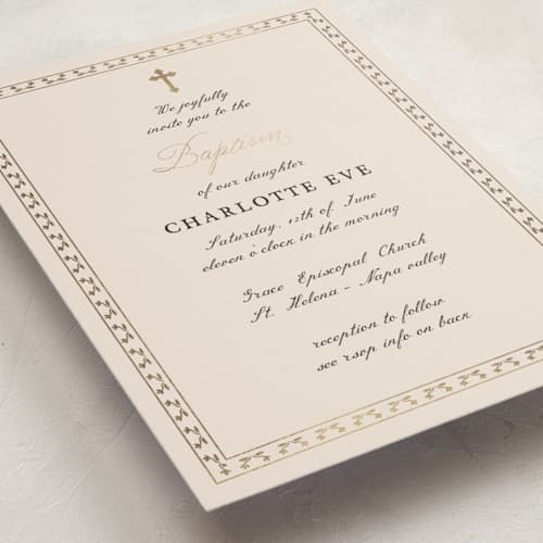 This is a champagne baptism and christening announcements with foil pressed by Benita Crandall called vintage border printing on signature in standard