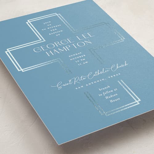 This is a glacier baptism and christening announcements with foil pressed by Lauren Chism called modern heirloom printing on signature in standard