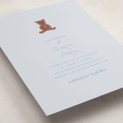 This is a sky baptism and christening announcements with foil pressed by Baumbirdy called blessing bear printing on signature in standard