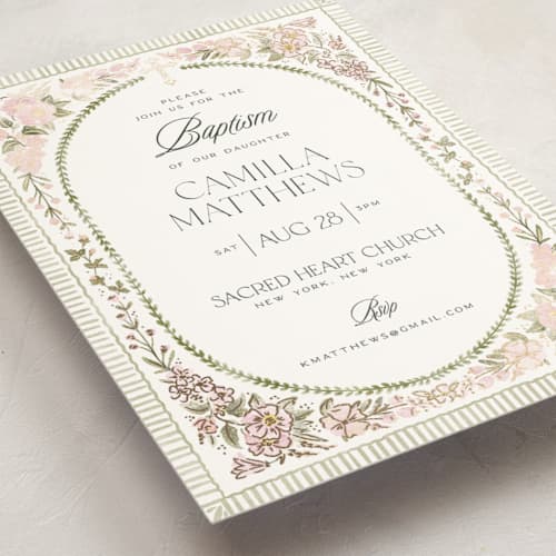 This is a rose baptism and christening announcements with foil pressed by Jenna Holcomb called wildflower frame printing on signature in standard