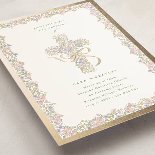 This is a sage baptism and christening announcements with foil pressed by Corinne Malesic called cottage garden printing on signature in standard