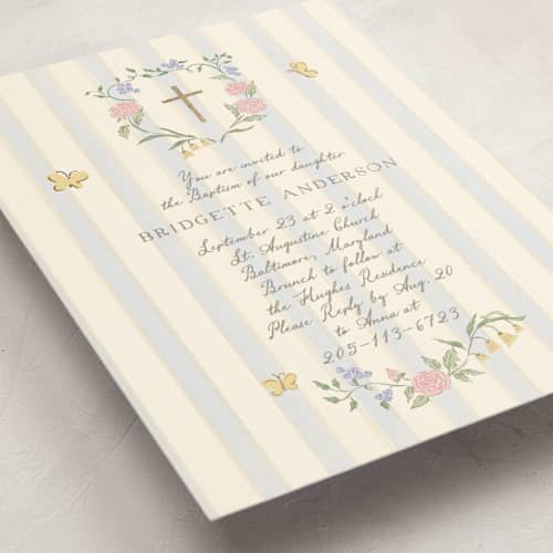 This is a sky baptism and christening announcements with foil pressed by Grae called teacup printing on signature in standard