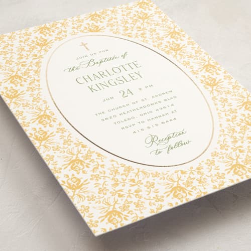 This is a daffodil baptism and christening announcements with foil pressed by Heather Schertzer called calico printing on signature in standard