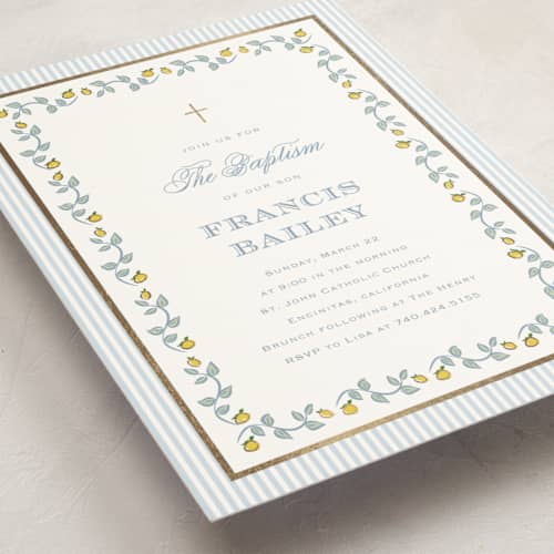 This is a sky baptism and christening announcements with foil pressed by Carolyn MacLaren called lemon stripes printing on signature in standard
