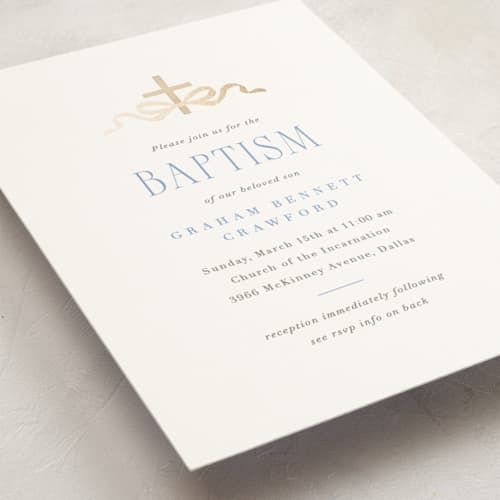 This is a celestial baptism and christening announcements with foil pressed by Olivia Raufman called ribbon and cross printing on signature in standard