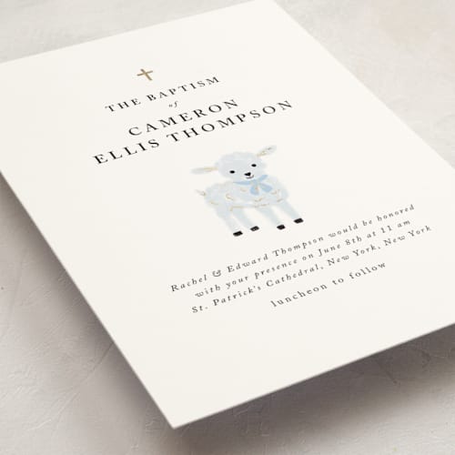 This is a sky baptism and christening announcements with foil pressed by mo kelley called little lamb printing on signature in standard
