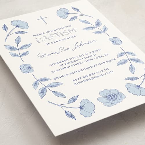 This is a navy baptism and christening announcements with standard by Bonjour Paper called botanical frame printing on signature in standard