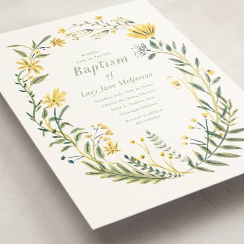 This is a lime baptism and christening announcements with standard by Morgan Ramberg called cheerful blessing printing on signature in standard