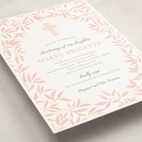 This is a blush baptism and christening announcements with standard by Paula Pecevich called blessed laurels printing on signature in standard