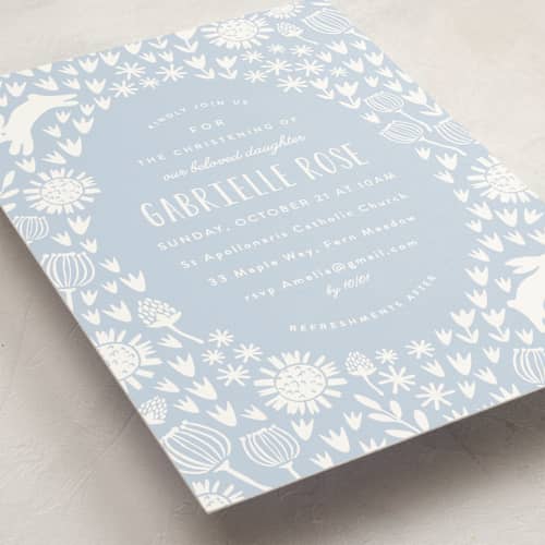 This is a periwinkle baptism and christening announcements with standard by Angela Thompson called woodland meadow printing on signature in standard