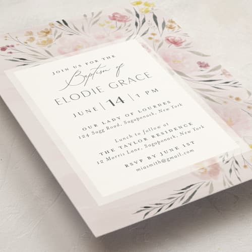 This is a peony baptism and christening announcements with standard by Nicoletta Savod called primavera printing on signature in standard